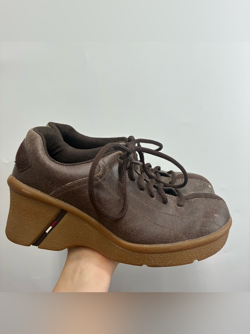 Vintage Y2K Tommy Hilfiger Womens 10 Leather Brown Platform Chunky Sneakers Shoe